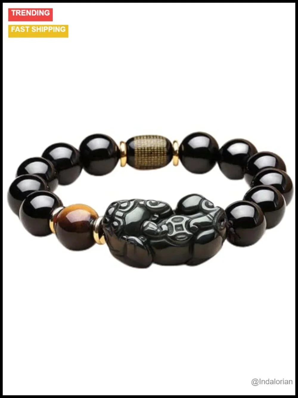 Black Obsidian Healing Crystal Bracelet with Pixiu and Tiger Eye Beads for